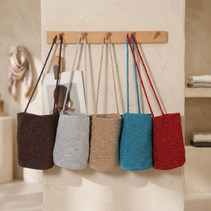 Crochet Woven <b>PVC</b> Bucket Bag Single Strap Open <b>Top</b> Solid Color Fashion Minimalist Daily Use All Seasons Women's Shoulder Bag - Product Image 4