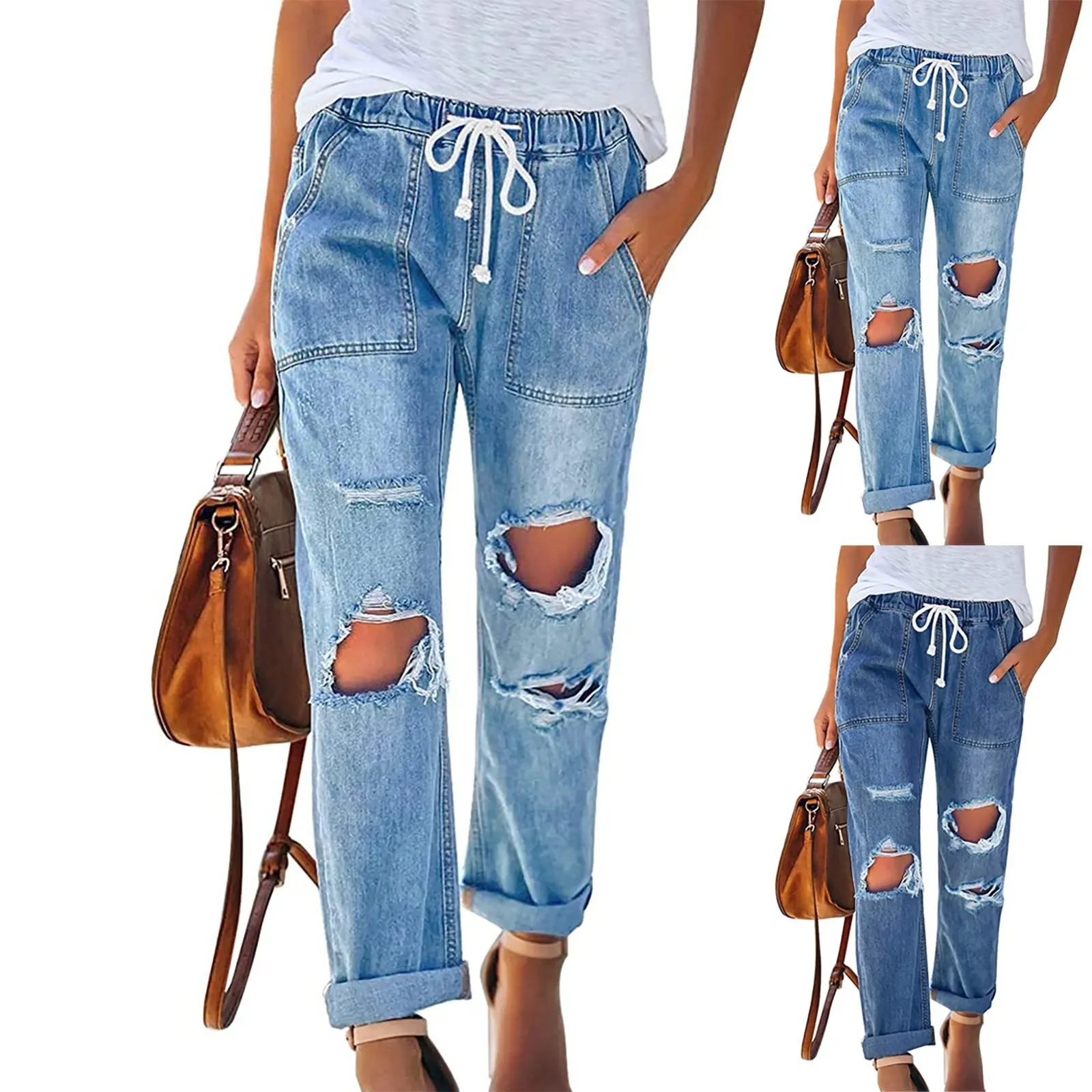 WJ145 ODM OEM women denim ripped fashion jeans drawstring high waist women vintage straight jeans mujer