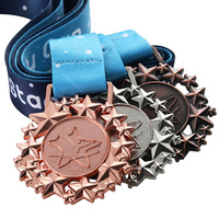 Médailles personnalisées en or, argent et cuivre plaqué, en alliage de zinc moulé sous pression, avec bordure en forme d'étoile 3D, médailles de gymnastique avec logo gravé