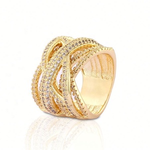 Gold Plated Alloy Intertwined Cross Band <b>Ring</b> Full Paved <b>Cubic</b> <b>Zirconia</b> Cluster Wide Stackable Elegant Fashion Statement Jewelry - Product Image 2