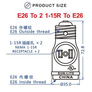 Portalámparas E26 con dos enchufes de 1-15R e interruptor de cremallera, hecho de baquelita, <span class=keywords><strong>Boca</strong></span> de aluminio y cobre - Product Image 2