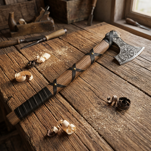Hacha Vikinga Grabada |   Cuchilla de acero al carbono forjada a mano, mango de palisandro de 16 pulgadas y funda de cuero |   Camping, Aire Libre y Regalos - Product Image 3