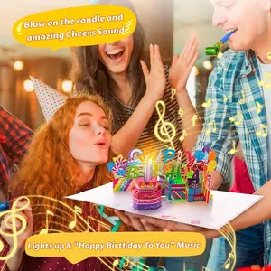 بطاقات عيد ميلاد موسيقية ثلاثية الأبعاد من البوب أب بسعر المصنع بطاقات تهنئة فاخرة بإضاءة LED وبطاقات تهنئة على شكل شمعة كيكة تحتوي على موسيقى