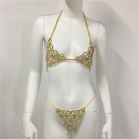 Jsn9202346 Bikini Set Met Diamant Klauw Ketting Sling Ondergoed Sexy Bikini Dames Holle Doorzichtige Bh Body Chain