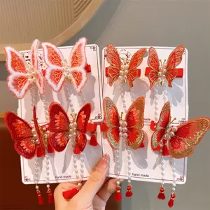 Joyful Chinese New Year Red Embroidery Butterfly Hair Clip Cute Pearl Tassel Sweet Beauty Children's Hair Clip Wholesale