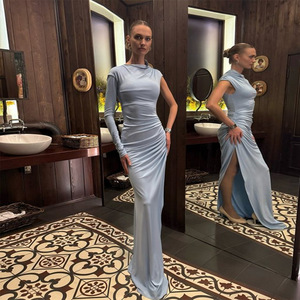 Vestido de noche de manga larga con abertura y un solo hombro para mujer, elegante, ajustado, de color liso, con diseño de abertura, largo completo. - Product Image 3