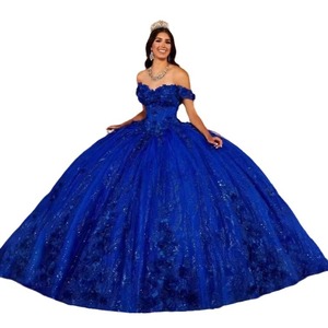 Vestidos de Quinceañera Azul Rey Estilo Charro, Vestido de Gala con Hombros Descubiertos, Tul con Flores, Vestidos Mexicanos Hinchados para Dulces 16 Años, Vestidos de 15 Años Personalizados - Product Image 5