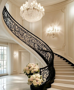 Biệt thự sang trọng khu dân cư cầu thang hồ quang phong cách Châu Âu <span class=keywords><strong>wrought</strong></span> sắt lan can thép cong cầu thang - Product Image 3