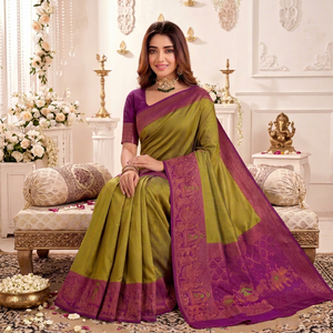 AARA Fashion Green and <b>Purple</b> Silk <b>Saree</b> with Zari Border Traditional Wedding Wear for Women Sun Protection All Seasons - Product Image 1