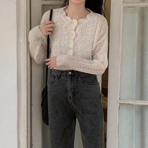 Suéter Cárdigan Versátil de Punto Calado con Cuello de Perlas y Pétalos Vintage para Mujer, Colección Otoño 2025 al por Mayor - Product Image 2