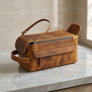 Trousse de Toilette en Cuir Moyenne Vintage avec Fermeture Éclair, Étui Cosmétique Durable avec Poignée Souple - Product Image 2