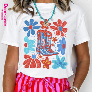 Dear-Lover Vente en gros Boutique T-<span class=keywords><strong>shirt</strong></span> graphique imprimé à manches courtes, style décontracté <span class=keywords><strong>chic</strong></span>, motif bottes de cow-girl, chemise western pour femme - Product Image 6