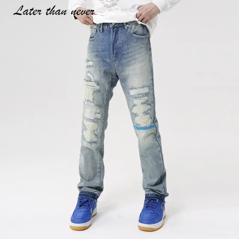 High Street Destroy Hole Blauwe Heren Jeans Straight Slim Fit Gescheurde Denim Broek Herstellen Wassen Jean Broek Voor Mannen