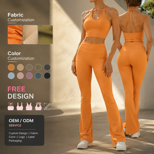 Set Tre Pezzi da Donna con Logo Personalizzato: Top Corto Senza Maniche in Cotone Spandex <span class=keywords><strong>Arancione</strong></span> con Scollo Halter e Schiena Scoperta, Pantaloni a Vita Alta e Gamba Larga - Product Image 1