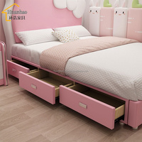 Lit double moderne rose pâle pour enfants, lit king/plein format en cuir durable avec rangement et toboggan pour chambre à coucher