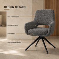 Fauteuil de salle à manger à base quatre étoiles, dossier ouvert, coque sculptée, tissu sel et poivre, pieds métalliques coniques