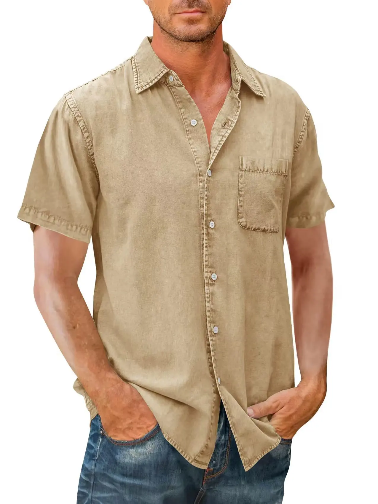 2024 Custom Plus Size Heren Chambray Denim Shirts Hot Selling Korte Mouwen Getailleerde Casual Shirts Voor De Zomer