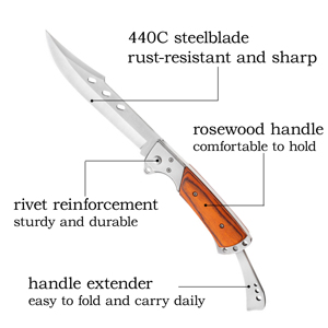 Coltello Pieghevole OEM per Campeggio e Sopravvivenza con Lama in Acciaio Inox 440c e Manico in Legno, Vendita all'Ingrosso - Product Image 3
