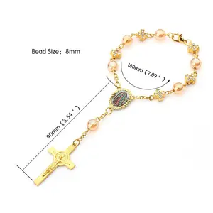 Cross Rhinestone Rosary Bracelet Charms Beaded Chain Glass Pearl Bracelets For Kids Baby Shower Party Baptism Gift Souvenirs