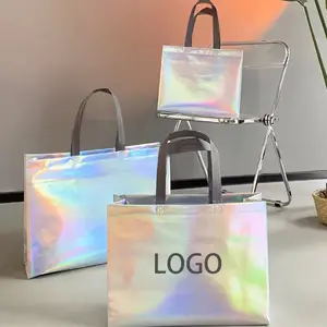 Logo kustom dapat digunakan kembali merah muda holografik metalik mengkilap laminasi bukan tenunan hadiah warna-warni tas belanja non-tenun dengan Logo
