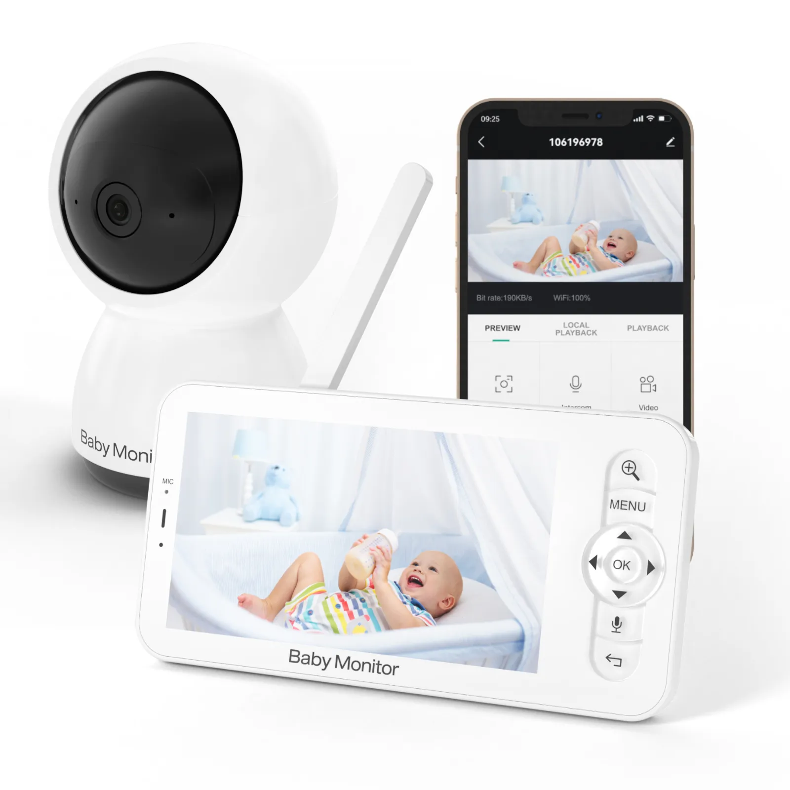 스마트 5.0 인치 LCD 무선 온도 수면 소리 알람 양방향 오디오 HD 1080P 비디오 카메라 및 오디오 아기 모니터