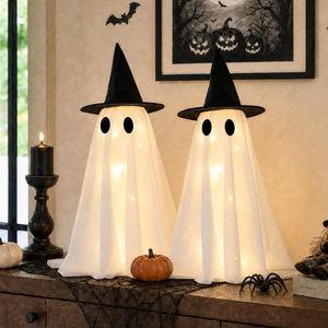 Décorations d'Halloween en forme de fantômes, lot de 2, lumineuses avec chapeaux de sorcière, blanc chaud, centre de table d'intérieur à piles - Product Image 3