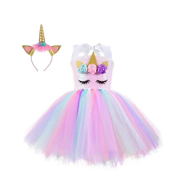 High quality 2020 new children's party dress unicorn sequined rabbit skirt girls rainbow candy princess dress 2021