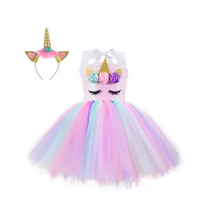 고품질 2020 새로운 어린이 파티 드레스 유니콘 스팽글 토끼 스커트 소녀 레인보우 캔디 공주 드레스 2021
