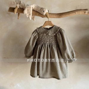Vestido de Punto a Cuadros Estilo Coreano para <span class=keywords><strong>Niñas</strong></span>, Nuevo de Otoño, Algodón Suave, Lindo Cuello Camisero, Mangas Abullonadas a Rayas, Faldas para Bebés - Product Image 1