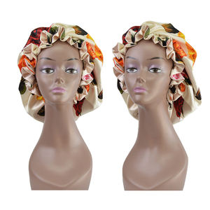 Hochwertiger Digitaldruck Frauen Schlaf Seide Satin Hauben Gummiband Haar abdeckung Doppels chicht Blumenmuster Haars chönheit - Product Image 1
