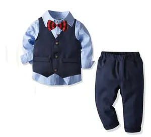 Drop Shipping Kids Boy Dress Suits Gentleman Dress Shirt Vest Bowtie Pant British Style For Wedding Party