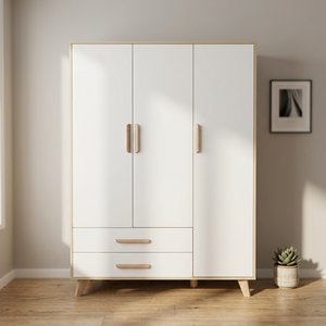 Modern Three-Door <b>Wardrobe</b> With Wooden Frame And Handles Freestanding Bedroom Storage Cabinet Scandinavian Design - Product Image 3