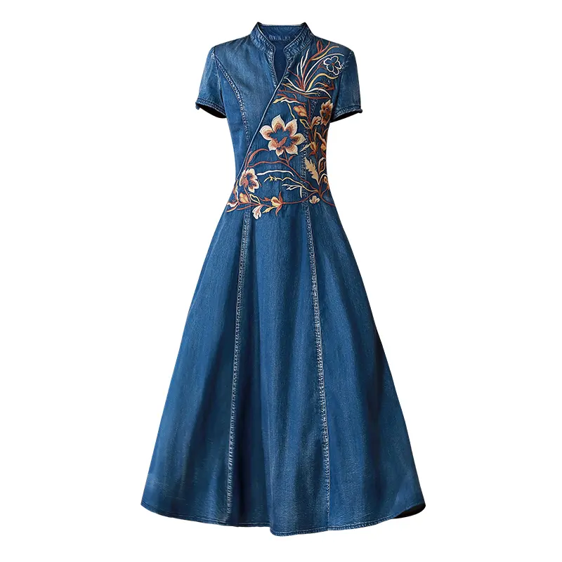 2023 New Vintage Women Long Mid Calf Summer Denim M XXXL Short Sleeve Embroidery Dress Chinese Style Dresses Dresses