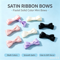 Vente en gros d'usine : Mini nœuds en ruban faits main, pré-noués, en satin polyester-coton multicolore pastel, avec pinces à cheveux en tissu lisse
