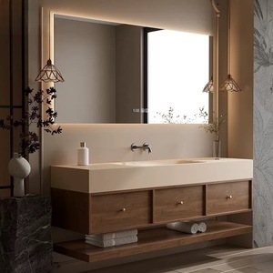 Modern wood color bathroom vanity with LED mirror white washbasin storage mirror cabinet hanging cabinet - Product Image 3