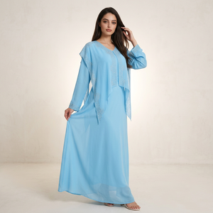 Sky Blue <b>Kaftan</b> Abaya with One Piece Cape and Back Tie ODM - Product Image 1