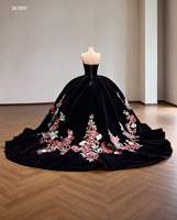 Robe de bal de Quinceañera QUEENSGOWN en velours noir classique, style Empire, épaules dénudées, avec appliques florales colorées
