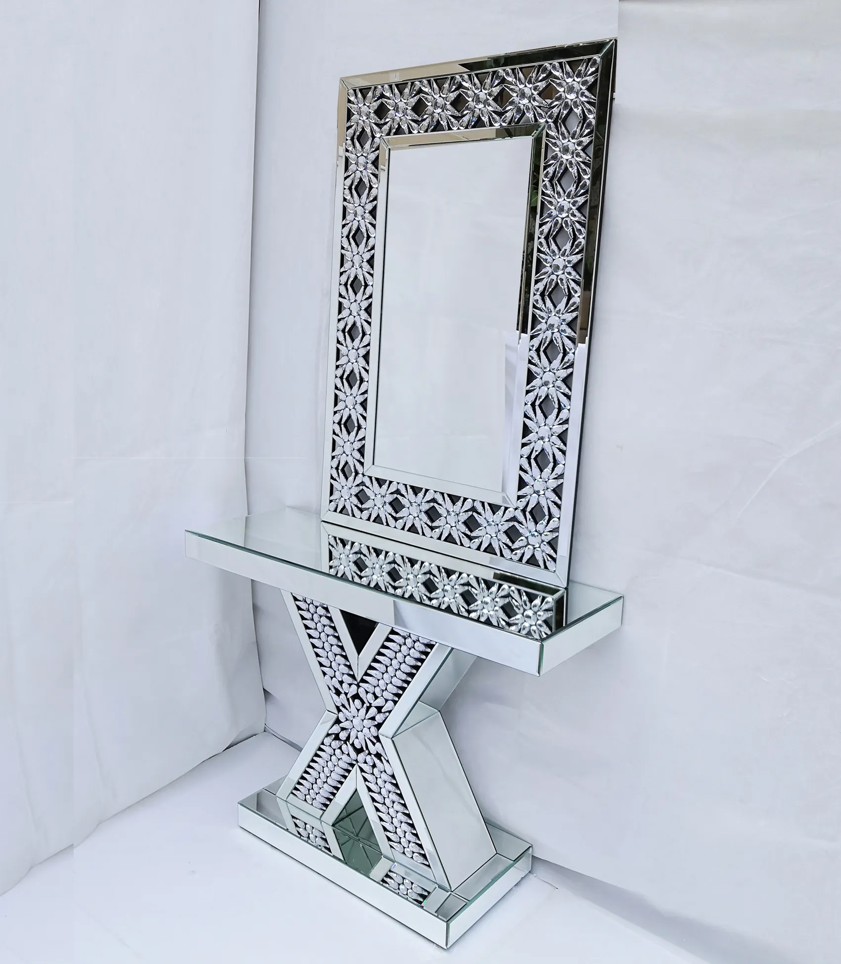 Nouveau Design Salon Meubles Miroir Cristal Diamant Couloir Console Console Miroir pour les Grossistes
