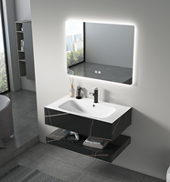 Meuble-lavabo de salle de bain LED en verre flottant à 2 niveaux, en pierre frittée à grain de bois, design moderne et luxueux, pour hôtel