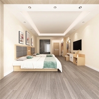 Lit California King en placage naturel, ensemble de mobilier d'hôtel moderne en chêne, tête de lit intégrée à panneaux souples carrés bleu profond
