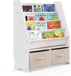 다기능 단단한 흰색 나무 책장 어린이 책장 두 개의 보관 상자이있는 어린이 책장