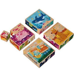 18PCS Preschool Educational Montessori Building Block Toys Wooden Cartoon Animal Six Sides Cube Puzzle Games For Kids