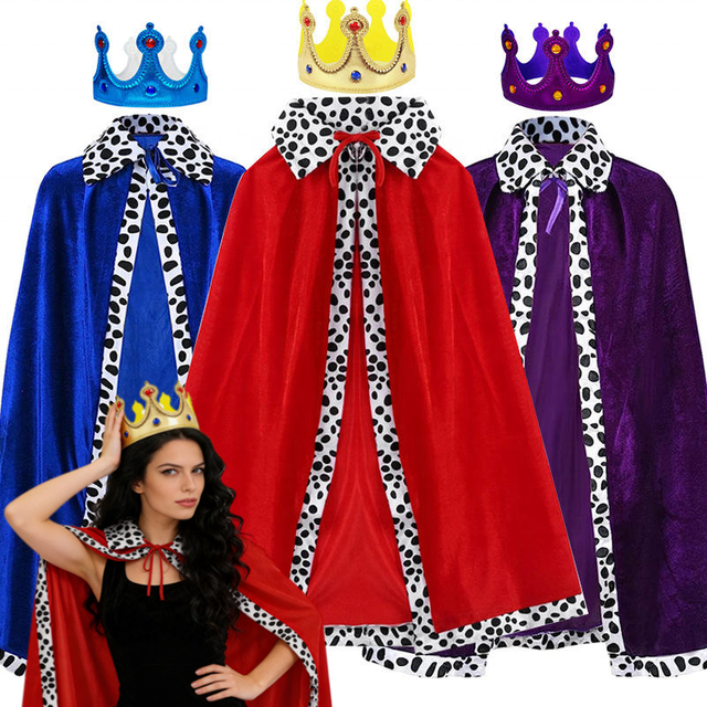 2PC King Queen Crown and Cape for Children Halloween Cosplay Costume Adult Kids Red Blue Purple Velvet Cloak Robe Scepter