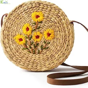 Summer 2024 high quality water hyacinth handbag decoration with leather handle for styling and flower embroider