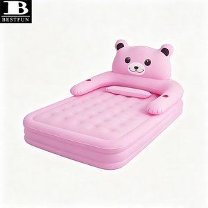 Colchón inflable tamaño Queen con diseño de oso rosa, elevado, con cabecera, para el hogar, invitados o camping. - Product Image 4