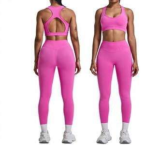 Nuevo conjunto de yoga sin costuras con cuello en V y cintura elástica de spandex/nailon para mujer, traje de ejercicio de dos piezas con forma de melocotón - Product Image 1