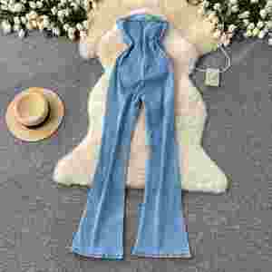 Mono largo de mezclilla 3D sin tirantes, informal, de cintura alta, sin mangas, para mujer, venta al por mayor - Product Image 4