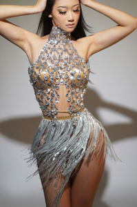 Conjunto de 2 piezas de falda con borlas y corsé de diamantes de imitación de lentejuelas para mujer, puesta en escena, Gogo Dancer Wear Show Club, <span class=keywords><strong>disfraz</strong></span> de <span class=keywords><strong>fiesta</strong></span> de Carnaval - Product Image 2