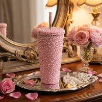 Bouteille d'eau de luxe en gros, faite à la main, avec perles et strass scintillants, gobelet de voyage réutilisable pour café et thé