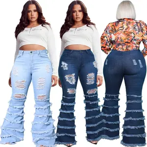 Boboyu Stijl 2022 Chic Elastische Kwasten Fringe Bell Bottom Jeans S 5XL Plus Size Broek Voor Vrouwen Ripped Denim Broek